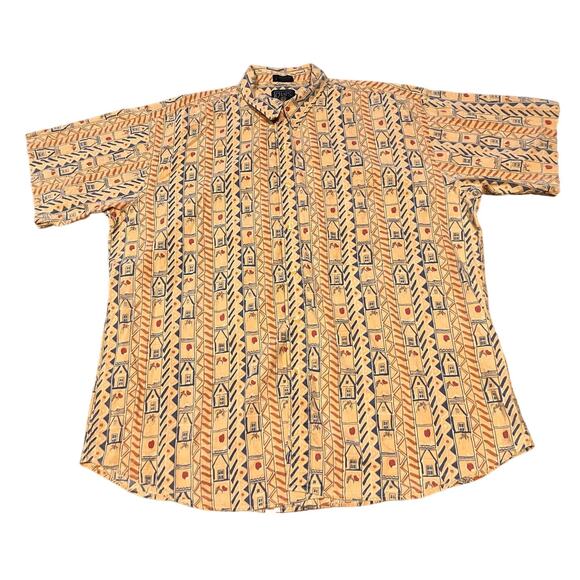 CHAPS Ralph Lauren XL Beige Blue Tribal Pattern Short Sleeve Button Up Collar - Picture 4 of 7